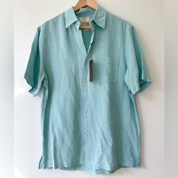 Tasso Elba Other - Tasso Elba Island Silk Linen Turquoise Teal Blue short Sleeve Button Up Size L